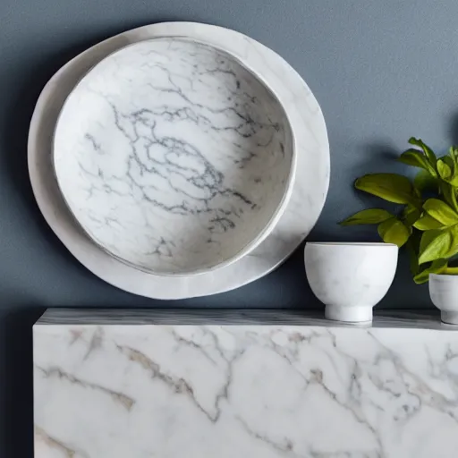 Image similar to ceramic bowl and plate on a marble shelf