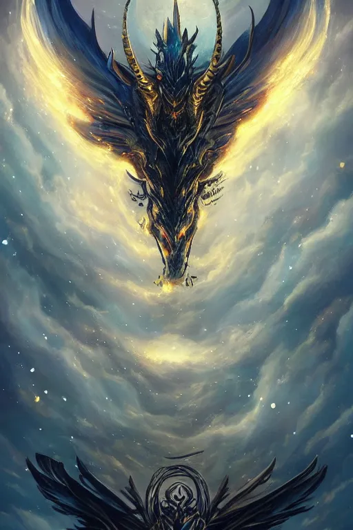 Image similar to a fantasy black dragon constellation with straight lines of light and petals flying, a halo around its head, bright blue eyes and intricate golden horns, in a galaxy of white clouds and constellations, by Anato Finnstark and Seb Mckinnon, fantasy art, trending on Artstation