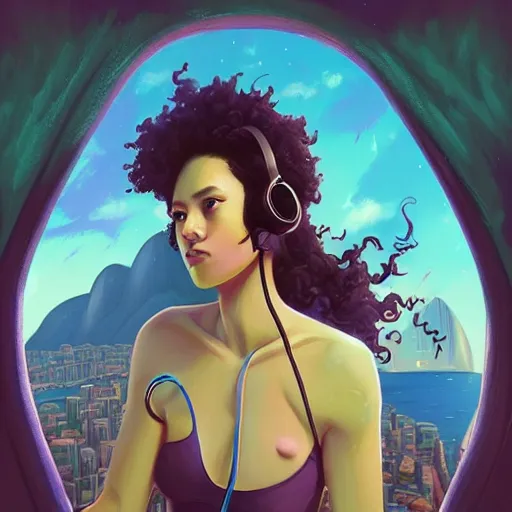 Prompt: lo-fi colorful masterpiece by Ross Tran, WLOP, Dan Mumford, Christophe Vacher, painting, black girl, curly hair, with headphones, studyng in bedroom, window with rio de janeiro view, lo-fi illustration style, by WLOP, by loish, by apofis, alive colors