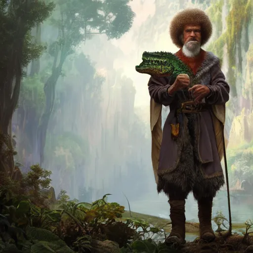 Image similar to an ultra detailed matte painting of bob ross dressed as a wandering elf druid, large alligator animal familiar!!! d & d, fantasy concept art by alphonse mucha and greg rutkowski, octane render, 8 k, detailed face