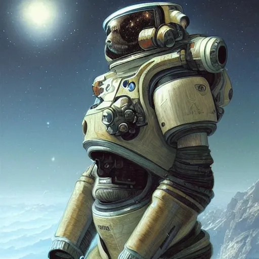 Image similar to detailed science - fiction character portrait of a grizzly bear space robot suit, intricate, wild, highly detailed, digital painting, artstation, concept art, smooth, sharp focus, illustration, art by artgerm and greg rutkowski and alphonse mucha