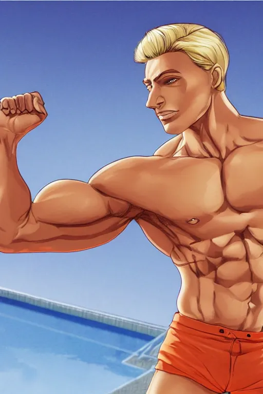 Image similar to a handsome male fitness model with blonde hair who is also a male android, ken, muscular, wearing a white crop top and short light orange shorts, stands by a swimming pool, facing forward, in the style of artgerm and moebius and annie liebovitz, photorealistic, highly detailed