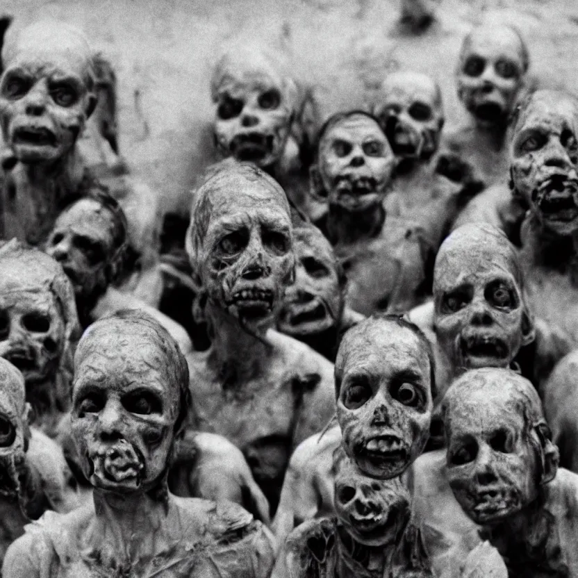Prompt: group of deformed irradiated people with acute radiation sickness flaking, melting, rotting skin wearing 1950s clothing background a 1950s nuclear wasteland. Photo is black and white award winning photo highly detailed, highly in focus, highly life-like, facial closeup taken on Arriflex 35 II, by stanley kubrick
