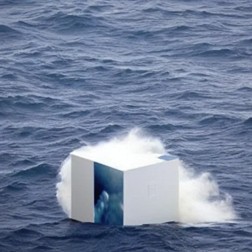 Image similar to a cube in the middle of the sea with images of a tumultuous sea squall on its sides. in the style of Richard Serra