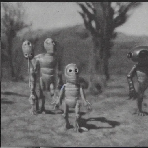 Image similar to polaroid photograph of horrorific alien beings visiting earth, 1 9 5 0