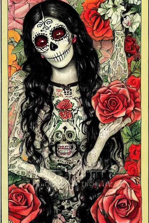 Image similar to Illustration of a sugar skull day of the dead girl, art by charles maurice detmold