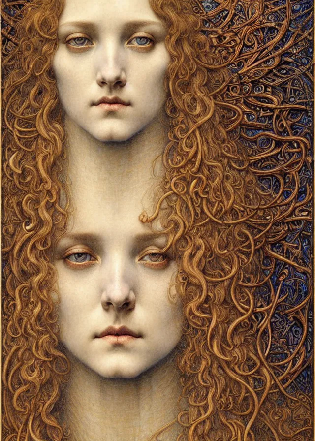 Image similar to detailed realistic beautiful young medieval queen face portrait by jean delville, gustave dore and marco mazzoni, art nouveau, symbolist, visionary, gothic, pre - raphaelite. horizontal symmetry