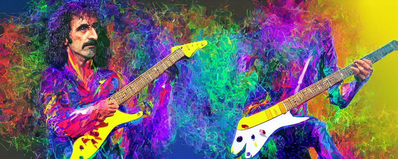 Image similar to A 3d rendered colourful portrait of frank zappa playing an electric guitar whilst riding a unicorn, digital art, 4k