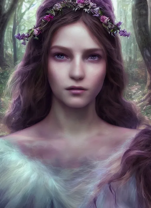Prompt: portrait of a gorgeous fairy princess of the forest, 8k render, ultra realistic, cinematic lighting, artstation, Annie Leibovitz, artgerm