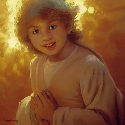 Prompt: a young boy with cherubic features including blond hair and blue eyes strands as the second messiah. A light shines down on him from Heaven. By Nikolay Makovsky, Craig Mullins, Katsuhiro Otomo