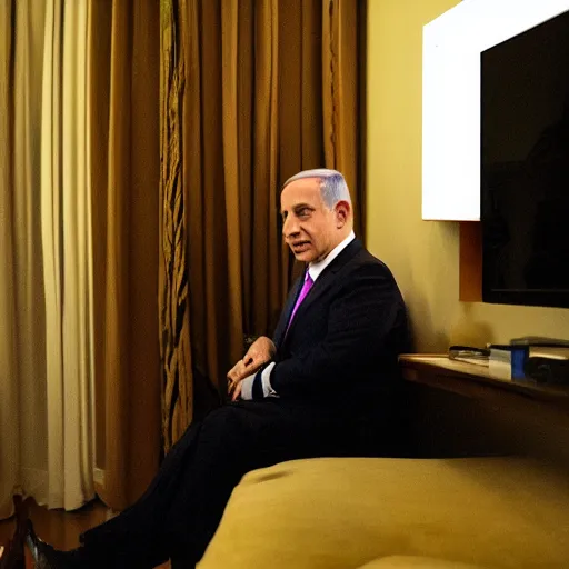 Prompt: Benjamin netanyahu watching the tv, photojournalism new york times