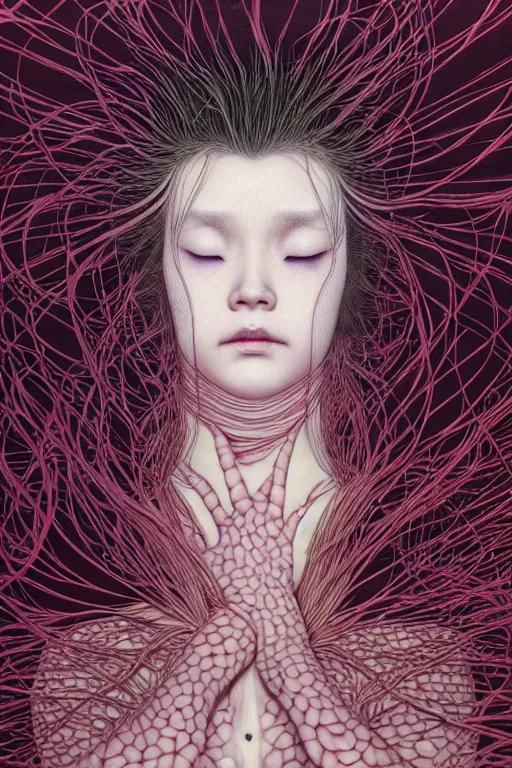 Image similar to realistic detailed image of a woman in a stray jacket laying in a padded room, conjuring psychedelic background, part by takato yamamoto, part by alex gray, ross tran, james jean, ultra realistic, octane render, highly detailed, very cohesive, 8 k, trending on artstation, cosmic, masterpiece