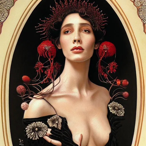 Image similar to facial portrait of a young pretty woman in flowing dress, arrogant, mysterious, long fine flowing hair, delicate, looking at camera, slightly awkward smile, realistic face, hands behind back, intricate, stylish, elegant, grimdark fantasy, flowers, extremely detailed painting by Gerald Brom and Ernst Haeckel and Greg Rutkowski