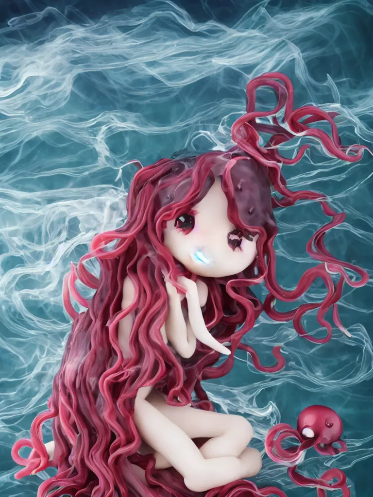 Prompt: cute fumo plush chibi gothic translucent octopus maiden princess girl washing her hair in the waves of the wavering dark galactic abyss, long black and red ruffled intricate dress with ribbons, ocean wave thunderstorm and reflective splashing water, wisps of smoke and haze and volumetric fog, ocean simulation, vignette, vray