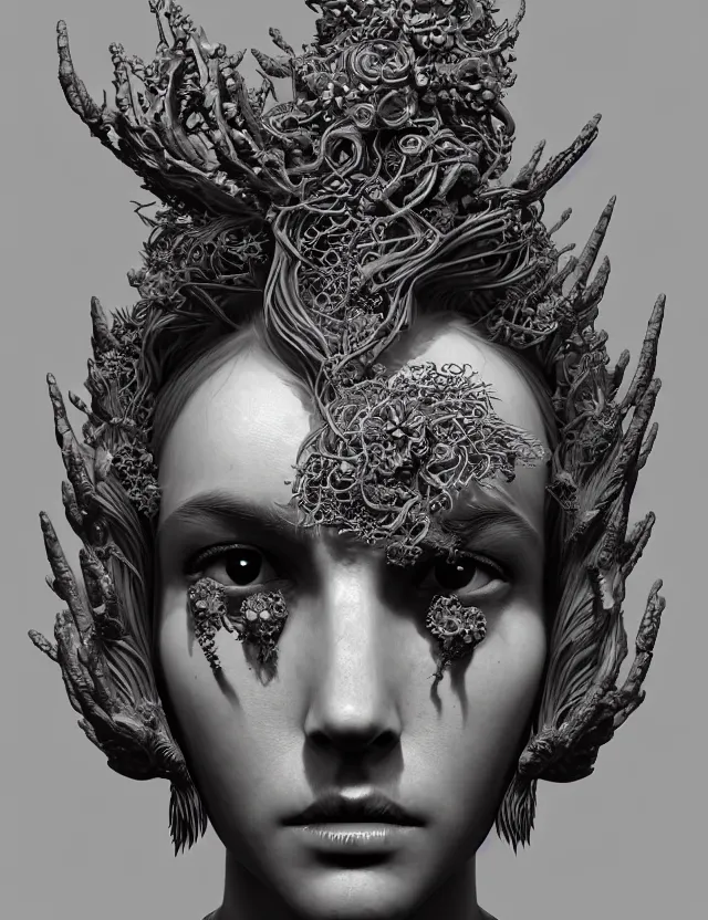 Image similar to symmetrical, centered, zbrush sculpt of goddess close-up portrait wigh crown made of skulls. phoenix betta fish, phoenix, bioluminiscent creature, super intricate ornaments artwork by Tooth Wu and wlop and alena aenami and greg rutkowski