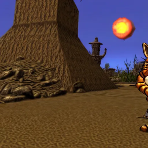 Prompt: garfield in morrowind, retro 3 d graphics, video game screenshot, pc game, elder scrolls