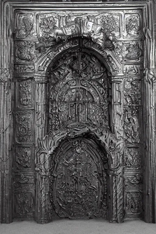 Prompt: a portal gate to hell malde of cast iron. hyper - detailed. ominous shapes. epic. sinister. medieval