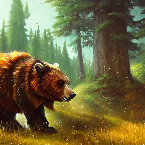 Image similar to a beautiful painting of a mechanical bear walking through a boreal forest, world of warcraft concept art