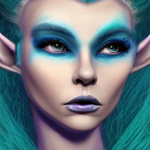 Prompt: Elf with blue skin, alien skin, blue elf, blue, blue-skinned elf, green hair, glam hair, hairspray, big hair, wild hair, 80s hair, glam make-up, 80s, illustration, fantasy art, trending on ArtStation, 1980s fantasy art