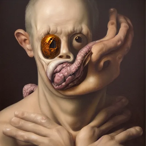 Image similar to refined gorgeous blended oil painting with black background by christian rex van minnen rachel ruysch dali todd schorr of a chiaroscuro portrait of an extremely bizarre disturbing mutated man with shiny skin acne intense chiaroscuro cast shadows obscuring features dramatic lighting perfect composition masterpiece