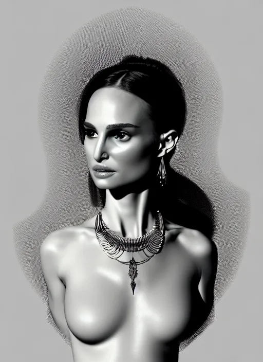 Prompt: 3 d printed model of an absurdly beautiful, graceful, sophisticated, fashionable woman, natalie portman, facial tattoos, in the style of irakli nadar and alexandre ferra and popovy sisters, intricate linework, white porcelain skin, faberge, intricate chrome chains, dark atmosphere, unreal engine 5 highly rendered, global illumination, radiant light, detailed and intricate environment