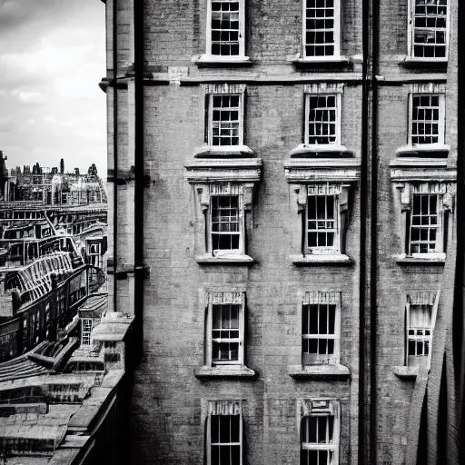 Prompt: “a rooftop cityscape viewed from inside a listed regency building in central london, 4K”