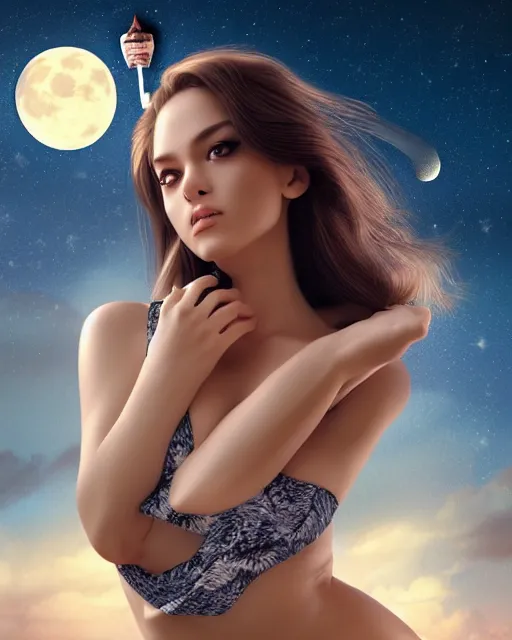 Image similar to a kitten on a rocket, photo, ultra detail, photoreal, professionally retouched, soft moonlight lighting, shiny plastic bikini, realistic, smooth face, goddess, luscious lips, perfect eyes, wide angle, sharp focus on eyes, 8 k high definition, insanely detailed, intricate, elegant, art by artgerm and wlop