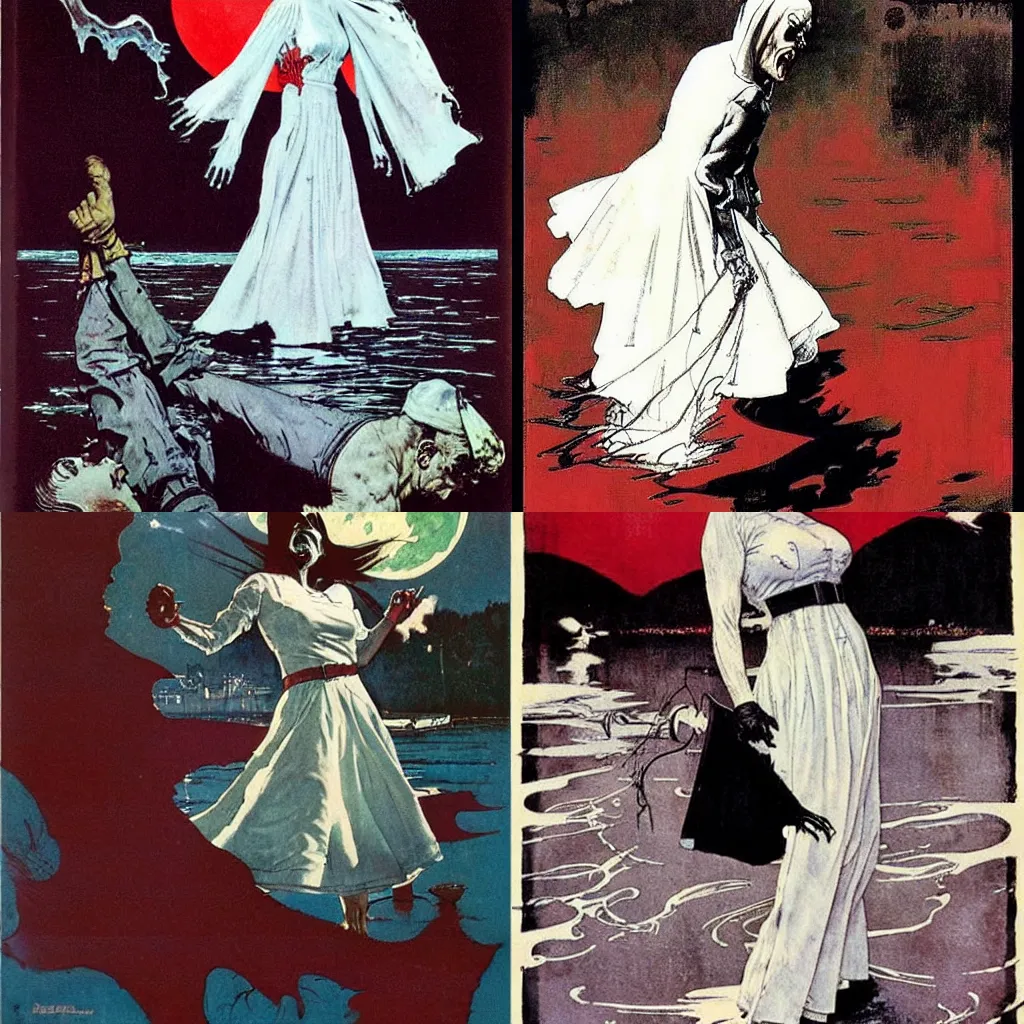 Prompt: style of Norman Rockwell and Rafael Albuquerque comic book art:: female ghost with white dress floating over a lake, ghastly scary horrible witch look on face, screaming angry:: extremely long nails, red:: floating over a lake:: night time, dark, full moon::2 scary terrifying horror::