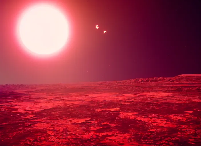 Prompt: a desolate planet orbitting a red star, hyperrealistic, nasa, octane render, 8k, denis villeneuve, realistic, space