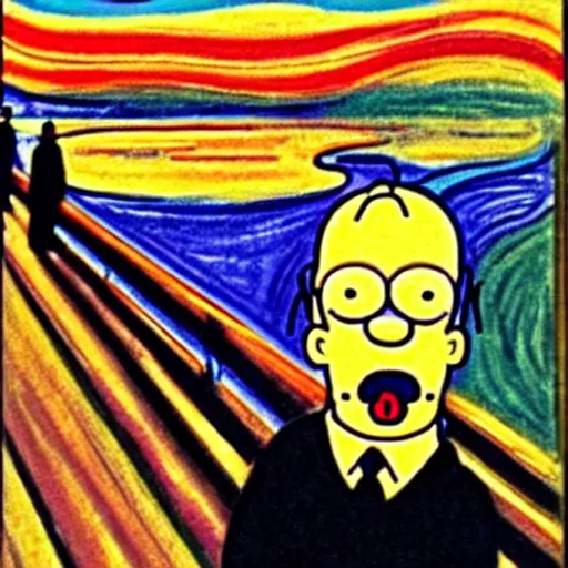 Prompt: the scream with with homer simpson by artist edvard munch