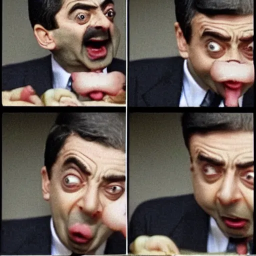 Image similar to angry mr. bean with his mouth wide open flapping his bird wings, thousands of little mr. beans are chasing him, fear panic, restlessness