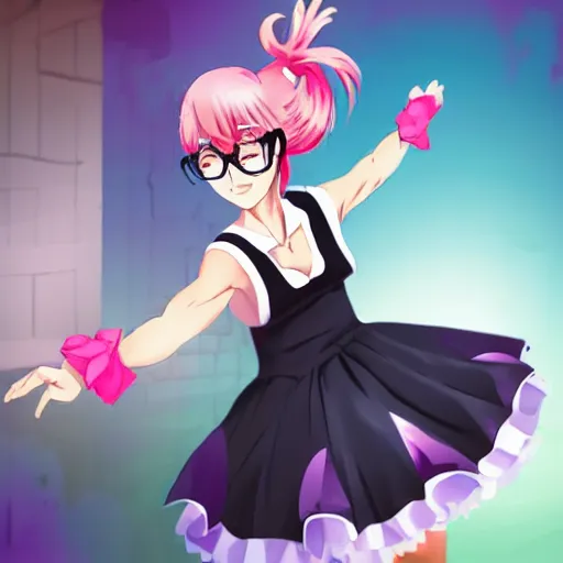 Prompt: painting of young woman with glasses and ponytail in maid outfit dancing, in the style of anime