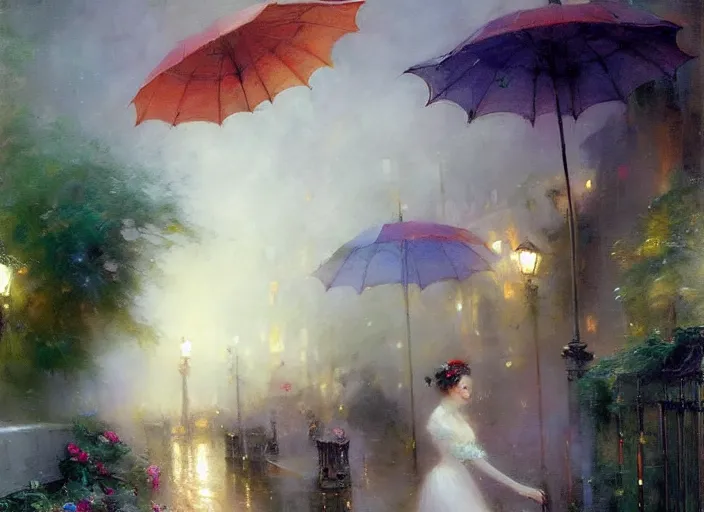 Image similar to errie victorian misty raining night alley by wlop and vladimir volegov and alexander averin and delphin enjolras and daniel f. gerhartz