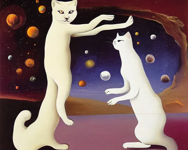 Prompt: painting of a white cat and human female by salvador dali, outer space