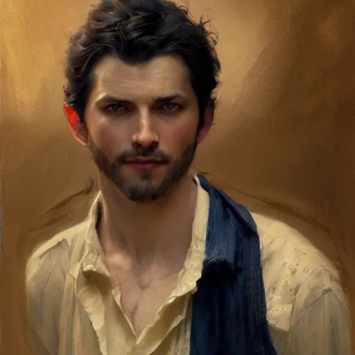 Image similar to detailed cinematic wide shot of beautiful attractive masculine man black hair slim face symettrical face clean skin blue eyes black clothes, ultra realistic, spring light, painting by gaston bussiere, craig mullins, j. c. leyendecker