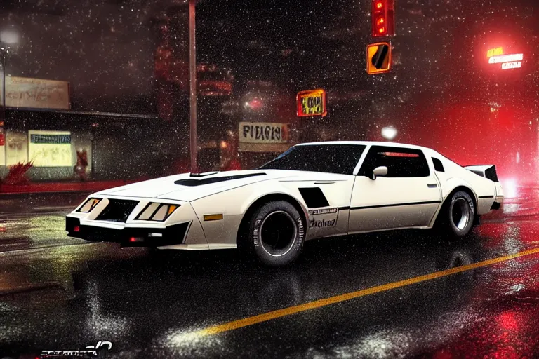 Image similar to hyperdetailed, photorealistic photograph of a 1 9 8 2 pontiac firebird trans - am drifting in the streets, rain, night, dense fog, hd, unreal engine 5 by greg rutowski, by stanley artgerm, by alphonse mucha