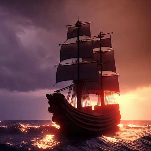 Prompt: pirate ship on a magical stormy sea, 8k, HDR, cinematic, volumetric lighting, unreal engine 5