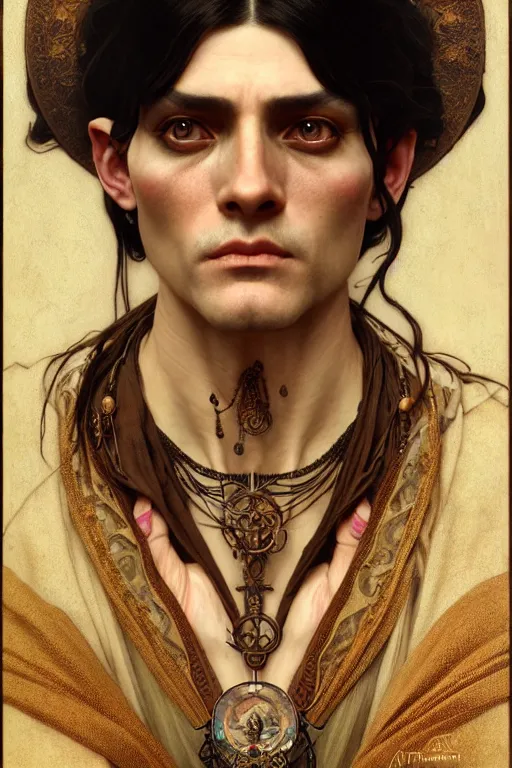 Image similar to ultra realistic, thin man in peasant clothes, black hair, brown eyes, occult jewelry, fantasy, intricate details, eerie, highly detailed, octane render, 8 k, art by artgerm and alphonse mucha and greg rutkowski