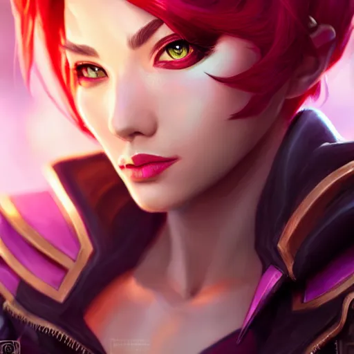 Image similar to portrait of Vi from League of Legends, by Fortiche Studio, from Netflix's Arcane, trending on artstation,fine details, realistic shaded, fine-face, Steampunk city on the background, red hair, painted texture, pretty face,by Artgerm