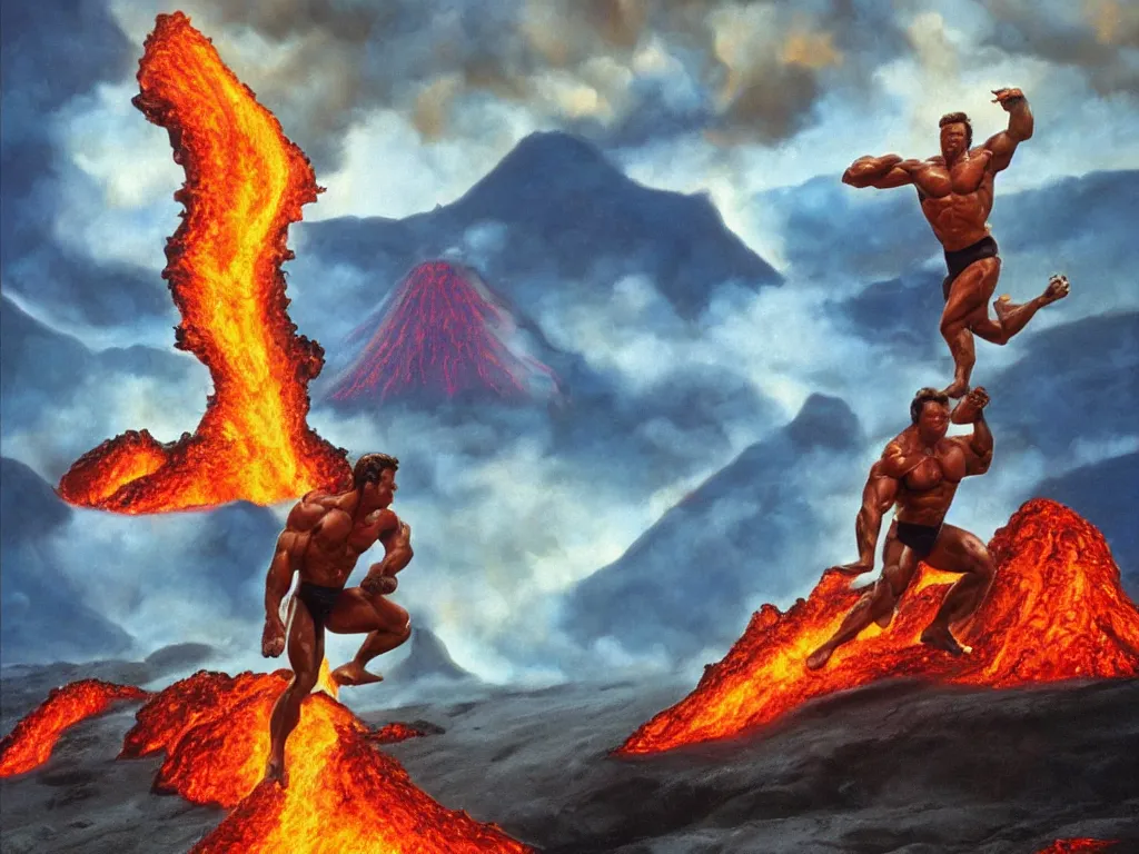 Image similar to arnold schwarzenegger surfing on lava from an erupting volcano by boris vallejo, stunning scene, 8 k, digital painting, hyperrealism, bright colors, trending on artstation