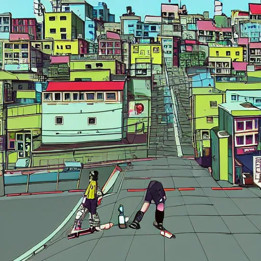 Image similar to city street, sloped street, city on tall hillside, street scene, rollerbladers grinding on rails, skaters, rollerskaters, cel - shading, 2 0 0 1 anime, flcl, jet set radio future, golden hour, japanese town, concentrated buildings, japanese neighborhood, electrical wires, cel - shaded, strong shadows, vivid hues, y 2 k aesthetic