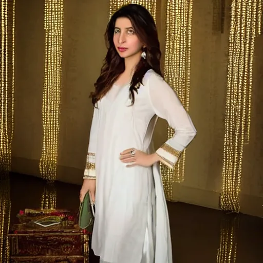 Image similar to Mahira Khan in white dress, studio lighting