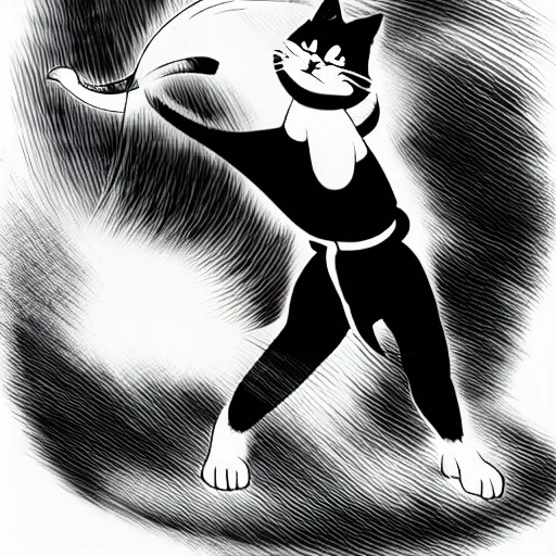 Prompt: a black and white drawing of a cat, an illustration of by gatoken shunshi, pixiv contest winner, dynamic pose, official art, sabattier effect