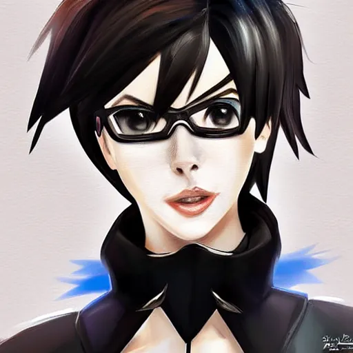 Prompt: digital portrait painting of tracer overwatch, full body, wearing spiked collar, black outfit, detailed face, detailed eyes,