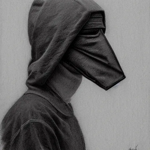 Prompt: a person wearing a plague mask and a hood, a charcoal drawing by richard mortensen, trending on cgsociety, remodernism, matte drawing, zbrush, hyper realism