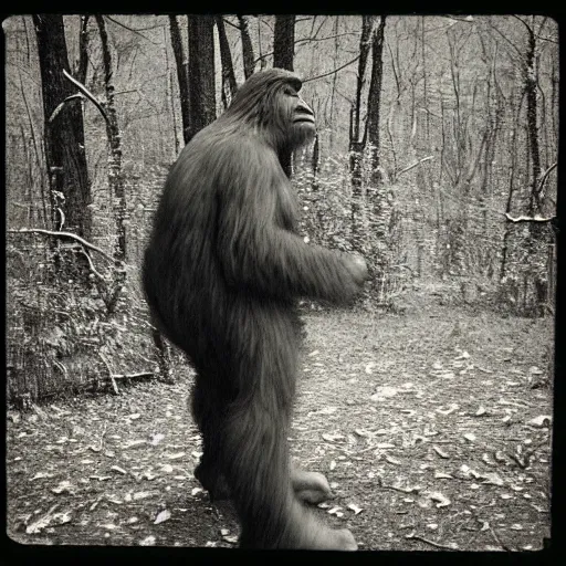 Image similar to a trailcam photo of bigfoot, grainy, vintage, partially obscured