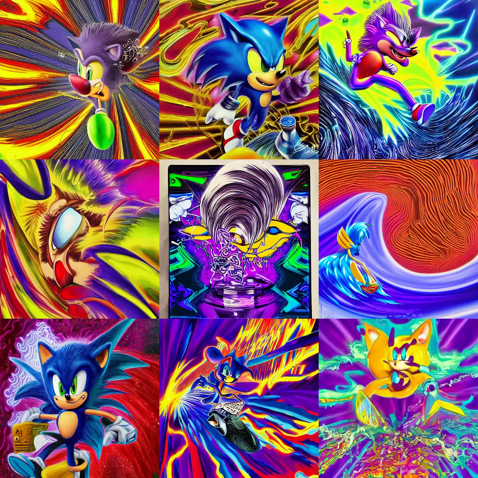 Prompt: surreal, sharp, detailed professional, high quality portrait sonic airbrush art portrait of a liquid dissolving LSD DMT sonic the hedgehog surfing through cyberspace, purple checkerboard background, 1990s 1992 Sega Genesis video game album cover