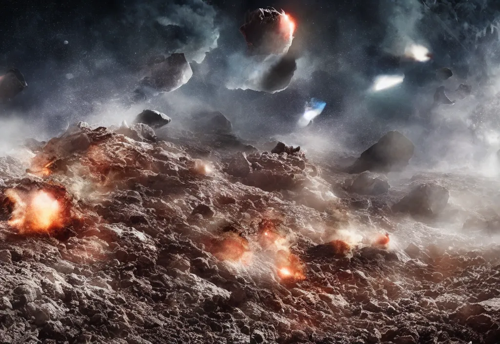 Image similar to fashion editorial of asteroids crashing on earth. gigantic explosions. wide angle shot. highly detailed. depth of field. high definition. 8k. photography.