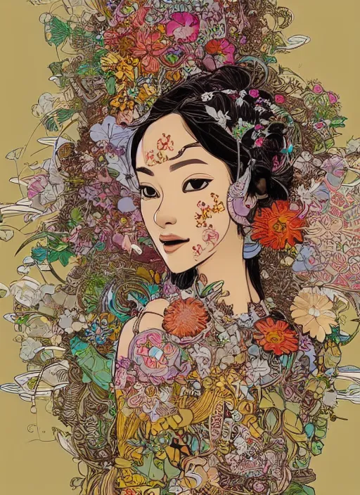 Image similar to beautiful floralpunk balinese cyborg portrait girl female illustration detailed patterns art of bali traditional dress, flower pop art, floral splash painting, art by geof darrow, ashley wood, alphonse mucha, makoto shinkai