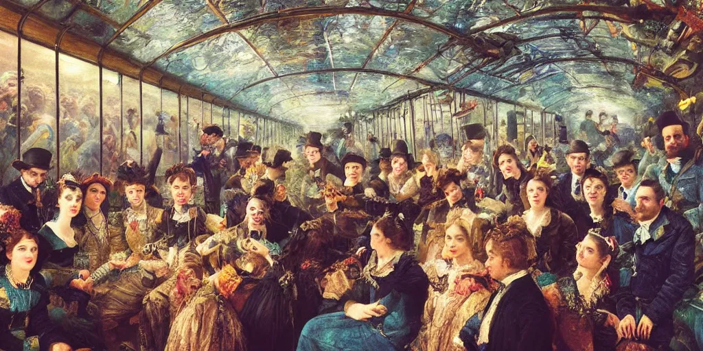 Prompt: detailed colour masterpiece of photography group portrait of people sat down extreme closeup, in the inside of the beautiful underwater crowded train to atlantis, detailed realistic expressions, wearing unusual clothes, by william powell frith